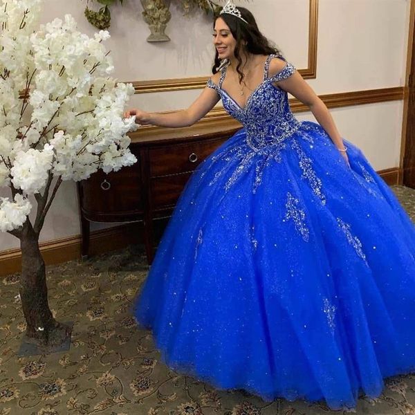 Erstaunliche Ballkleid-Quinceanera-Kleider 2021, V-Ausschnitt, schulterfrei, Perlenstickerei, Kristall-Pailletten, langes süßes 15-16-Kleid in Übergröße für Mädchen230x