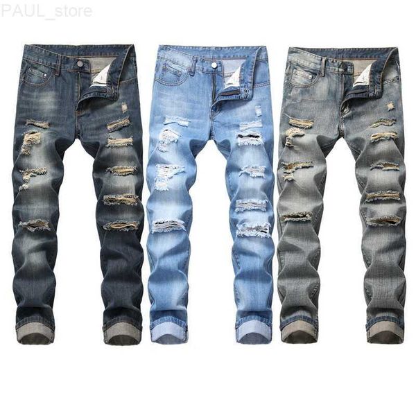 Masculino Masculino Jeans Slimfit Calça Denim Calças Nostálgico Marca Rasgada Moda Reta Homens Hip Hop Mendigos Buraco Masculino Azul Claro 221123 L230724