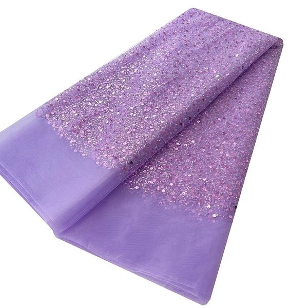 KY-4065 Indumento femminile africano nigeriano Viola Tulle Perline Tessuto netto Tessuto di pizzo con paillettes Ultimi 5 metri Qualità premium Festa per banchetti da donna Estate 2023