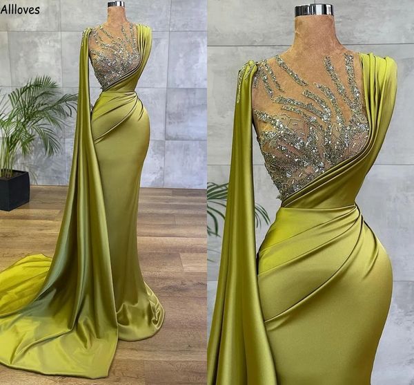 Abiti da ballo in raso di seta lucido verde oliva con involucro scintillante paillettes lunghi abiti da sera a sirena da sera increspato Sweep Train Women Second Reception Dress formale CL0299