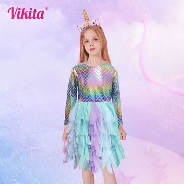 Pullover Vikita Girls Mermaid Dress Neonate Toddler Cotton Tank Top Bambini Autunno Inverno Manica lunga Abbigliamento Bambini Fish Scale Spark Z230724