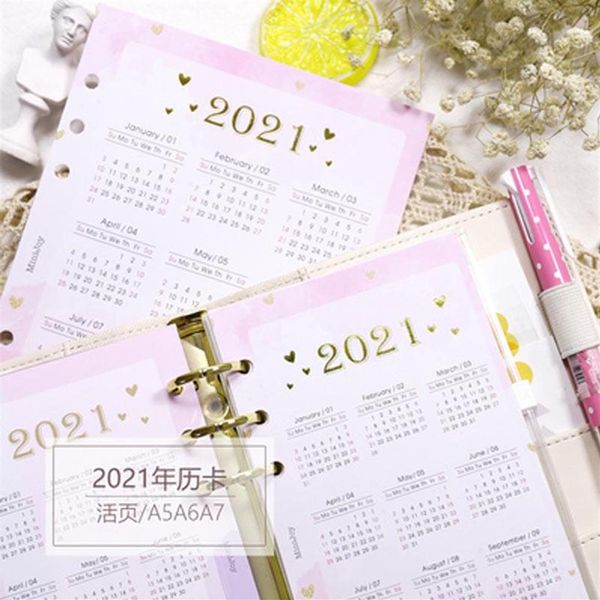 1 folha rosa 6 furos 2021 calendário a5 a6 a7 notebook índice divisor para diário fichário planejador mensal cartão colorido bloco de notas338h