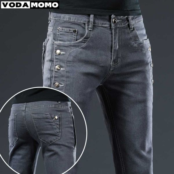 Jeans Masculino Botão Lateral Jeans Slim Skinny Clássico Casual All-match Cinza Escuro Escritório Casual Masculino Stretch Jeans Roupas de Marca L230724