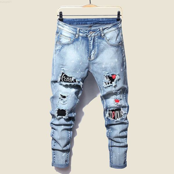 Herren Jeans Männer Slim Biker Zerrissene Lange Denim-Hose Röhrenjeans Taschenseitengurte und Reißverschlüsse Männliche Jogginghose Zerstörte dehnbare Hose L230724