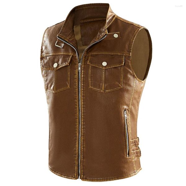 Gilet da uomo Gilet in pelle senza maniche Gilet corto alla moda Colletto solido Giacca da motociclista Punk Veste per uomo Gilet con utensili Taglia USA