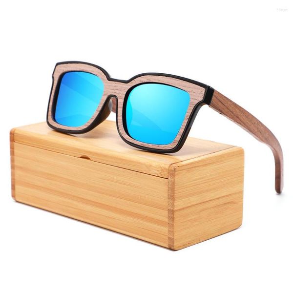 Óculos de sol vintage com armação quadrada de madeira polarizada em designer de moda Lunette 2023 pesca retrô óculos de viagem
