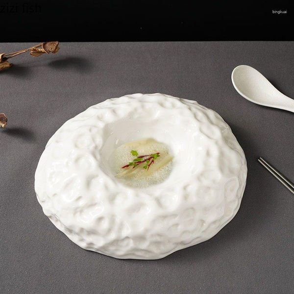 Pratos de jantar de cerâmica Criativo Textura irregular Sopa grossa Prato de isolamento de camada dupla Sobremesa Utensílios de mesa de cor sólida