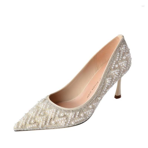 Scarpe eleganti 2023 Ly Tacchi da donna comodi ed eleganti Perla Pizzo Punta a punta Sottile Estate Matrimonio Bridemaids Pompe per feste danzanti