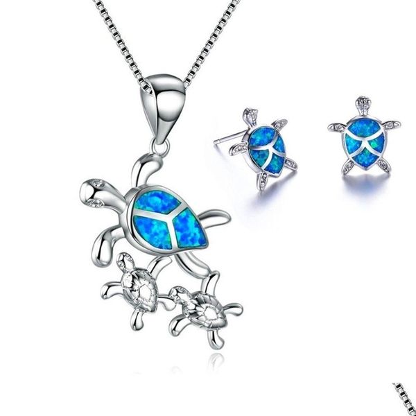 Orecchini Collana Set di gioielli di moda Collane da donna con ciondolo a forma di opale di fuoco imitazione tartaruga blu carino per set di consegna a goccia