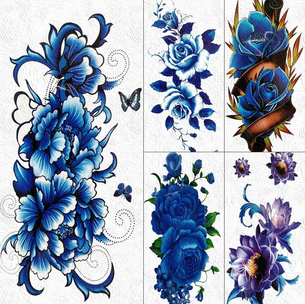 Gefälschte große wasserdichte blaue Blume Rose Pfingstrose temporäre Tattoos für Frauen Mädchen Aufkleber Körperkunst Arm Tattoo Papier 3D Flora Tatoos