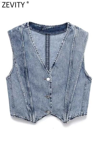 Kadın Ceketleri Zevity 2023 Kadın Moda V Boyun Düğmeleri Kısa Yıkanmış Denim Yelek Ceket Ofis Bayanlar Kolsuz Yelek Yaz Tops CT4437 L230724