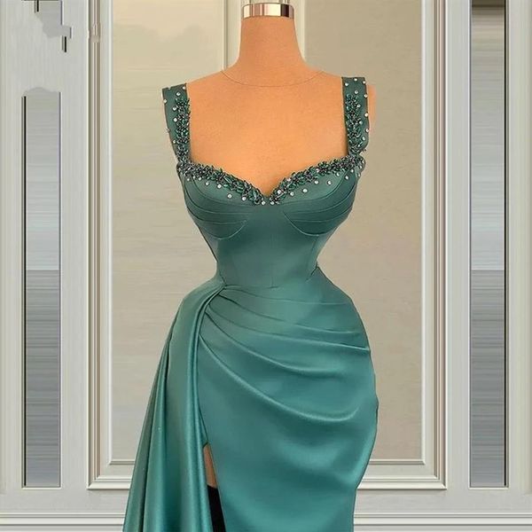 Grüne sexy Spliss großzügige Ballkleider Abendkleider mit Perlenkristallen und Falten Satin Robe De Soiree Party286S