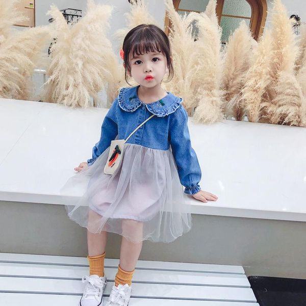 Mädchen Kleider Denim Mesh Nähte Prinzessin 2023 Frühling Sommer Baby Kinder Kinder Casual Geburtstag Party Kleidung