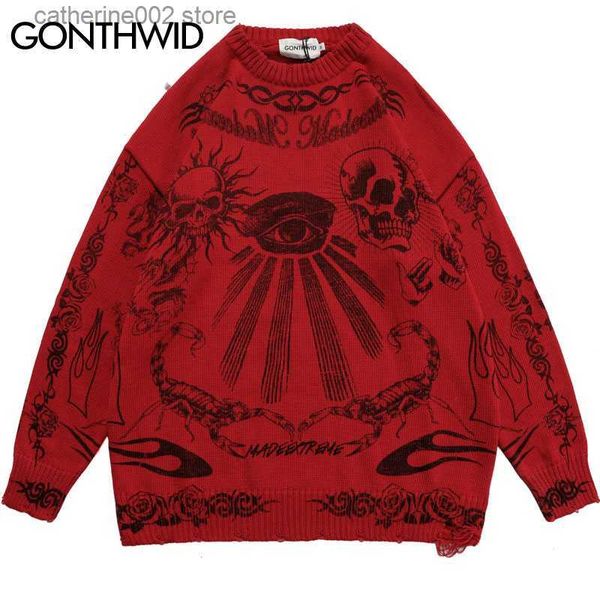 Herrenpullover Hip Hop Gothic Übergroßer Pullover Gestrickte Streetwear Vintage Skeleton Skull Rose Print Ripped Punk Pullover 2023 Harajuku Schwarz T230724