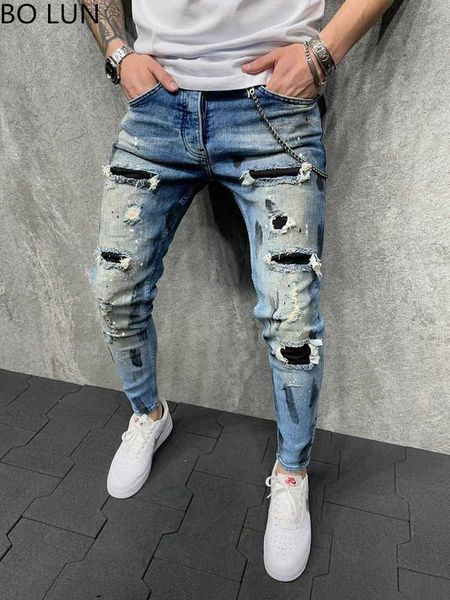 Erkekler Mens Jeans Sıska Erkekler Boyalı Streting İnce Uygun Yırtılmış Sıkıntılı Diz Yama Denim Pantolon Marka Sıradan Pantolon 221123 L230724