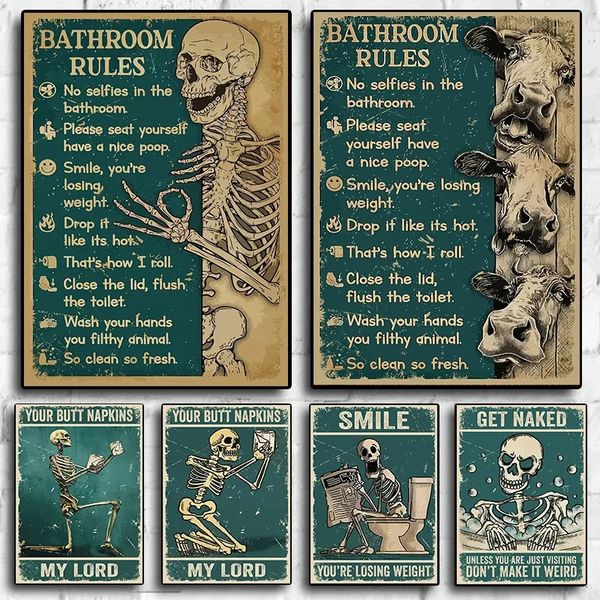 Quadro su tela Scheletro vintage Get Naked Divertente Regole del bagno Poster Immagine di arte della parete per WC Vasca da bagno Room Home Decor W06