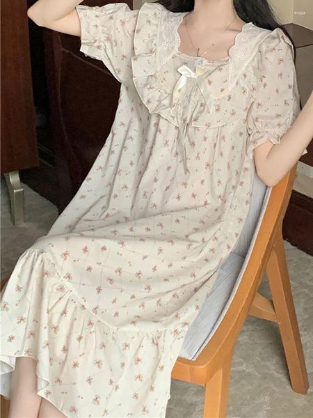 Pijama feminino coreano Kawaii Princess Nighty Dress feminino verão manga curta babados estampado camisolas Sweet Girl pijama
