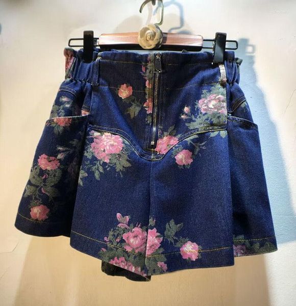 Jeans Feminino Trendy 2023 Verão Feminino Shorts Denim Azul Escuro Lavado Estampado Elástico Cintura Alta Calças Largas com Bolso Zip Bolso Curto