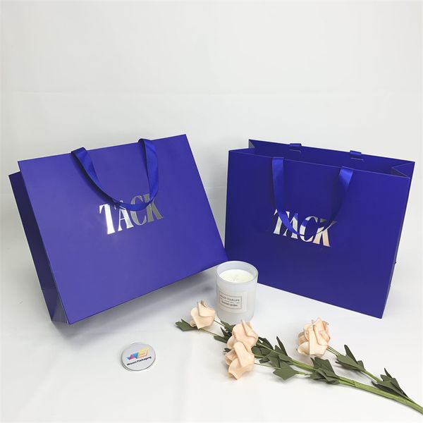 Saco de compras de presente azul ecologicamente correto personalizado, embalagem boutique, saco de papel para presente com logotipo