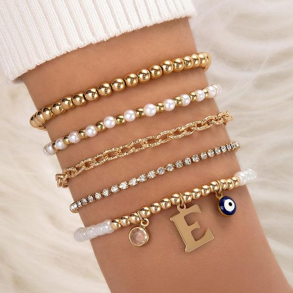 Charme Armbänder Luxus Perle Stein Ball String E Buchstabe Fünf Stück Armband Geometrische Ziegel Intarsien Blue Eyed Für Frauen Set 23342