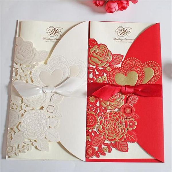 Convites de casamento estilo europeu personalizados criativos convites de casamento personalizado branco vermelho ouro convite oco em branco dentro 275F