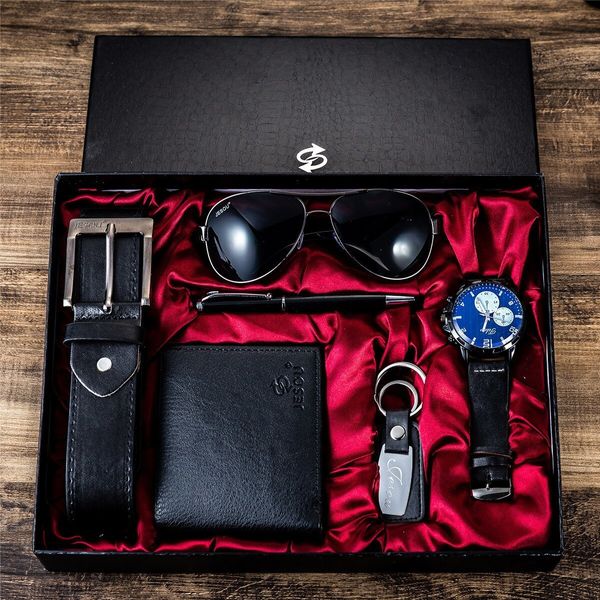 Relógios de pulso Gift Business Luxury Company Mens Set 6 em 1 Watch Glasses Pen Keychain Belt Purse Welcome Holiday Birthday 230724