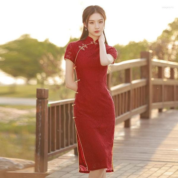 Etnik Giyim Kadınları Yaz Kırmızı Dantel Cheongsam Elbise Zarif Düğün Akşam Vintage Çin Çin Qipao S ila XXL