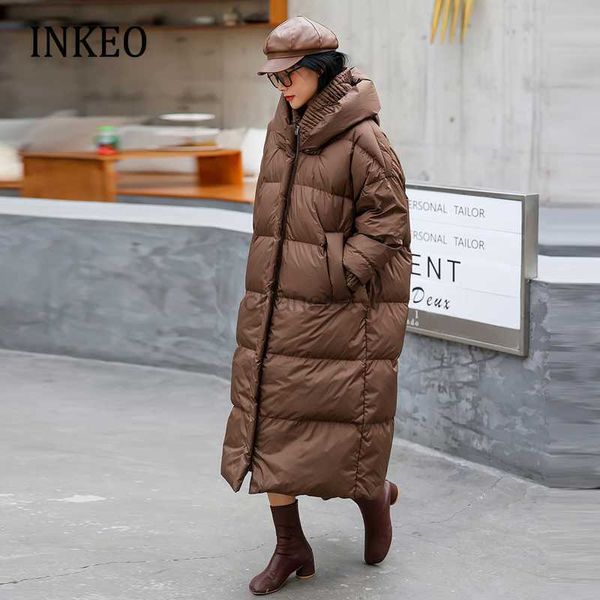 Piumino da donna in piumino da donna di lusso con cappuccio lungo piumino 2022 inverno marrone ispessito lungo piumino d'anatra bianca al 90% soprabito oversize INKEO 2O203 HKD230725