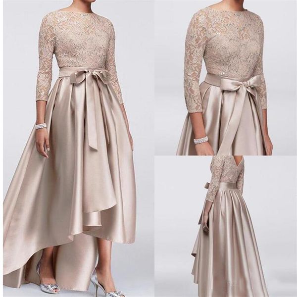 Chic Champagne A-line High Low Abiti per la madre della sposa Abiti con maniche lunghe in pizzo con paillettes Abiti da sera Abiti da sposa economici305U