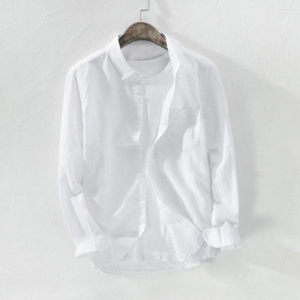 Camisas casuais masculinas Camisa branca Tops Manga comprida Gola virada para baixo Algodão Linho Blusa de botões Work Travel Estilo Cardigã solto respirável