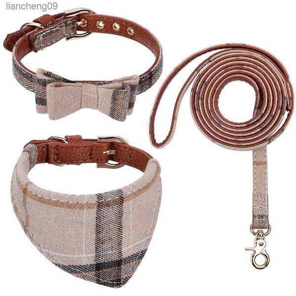 Conjunto de coleira e trela para gravata borboleta com 3 peças marrom ic xadrez bandana e coleiras ajustáveis para cães filhotes L230620