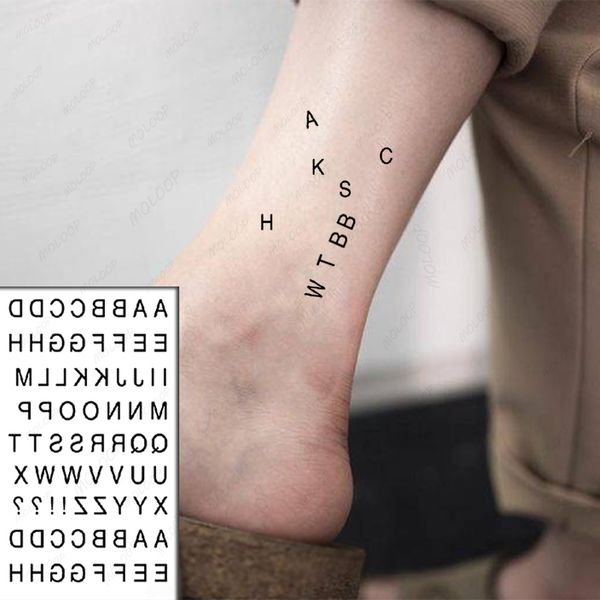 Adesivo de tatuagem de alfabeto preto com letras em inglês à prova d'água arte corporal temporária tatuagem instantânea falsa para homem, mulher e crianças