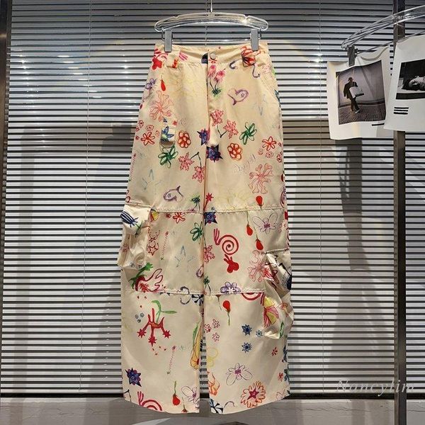 Kadın Pantolon 2023 Yaz uzun Sokak Moda Kız El Boyalı Renk Karikatür Resim İş Giysesi Cep Geniş Bacaklı Günlük