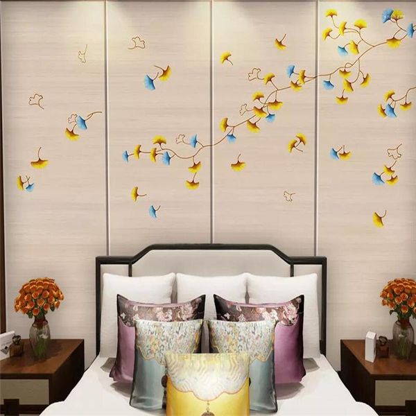 Papéis de parede decorativos série de papel de parede moderno estilo conciso chinês pintado à mão folha de ginkgo pintura de parede