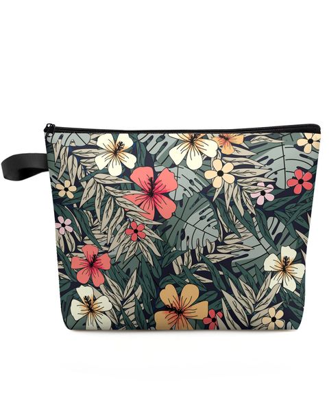 Plantas Tropicais Folhas Flores Bolsa Cosmética de Viagem de Grande Capacidade Bolsa de Armazenamento de Maquiagem Portátil Feminina Estojo de Lápis Impermeável