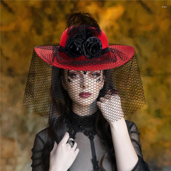 Boinas Sombrero de bombín de Halloween para mujer Sombrero de fieltro de flores vintage Tocado elegante con velo para gorras de fieltro de fiesta