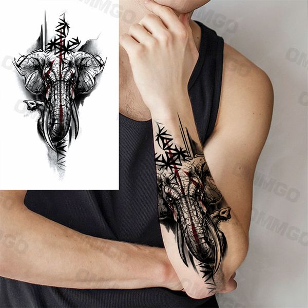 3D Schwarzer Elefant Unterarm Temporäre Tattoos Für Männer Erwachsene Löwe Krone Wolf Kompass Fake Tattoo Body Art Dekoration Tatoos Aufkleber