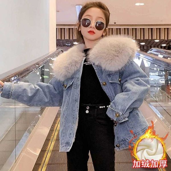 Down Girls denim ceket büyük boy büyük kürk yaka artı kadife ceket genç çocuklar çıkarılabilir kalın gevşek sıcak jean ceket sıcak parka hkd230725