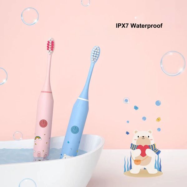 escova de dentes elétrica infantil sonic recarregável padrão de desenho animado usb para crianças temporizador inteligente com cinco modos de limpeza 4 ou 6 ou 8 substituir cabeças de escova ipx7 à prova d'água