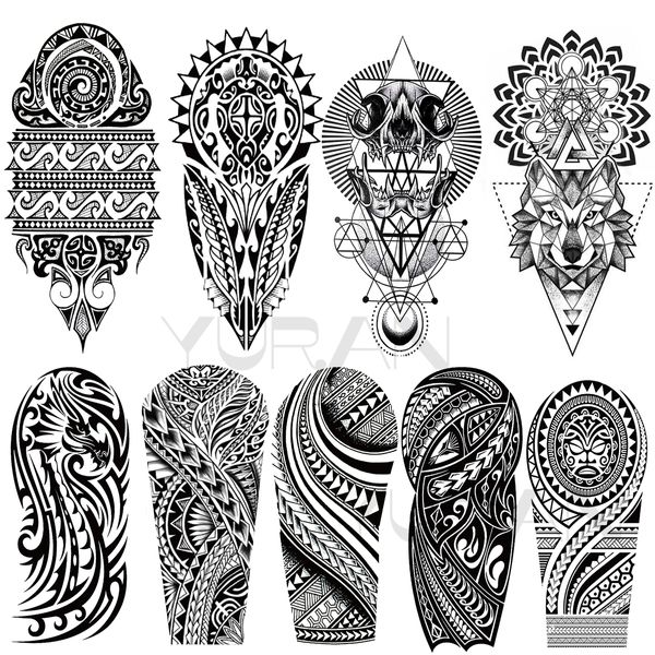 Tatuagens temporárias de espinhos pretos para homens, adultos, realistas, maori, totem, lobo, mandala, geométricas, adesivos de tatuagem falsos, tatuagens de braço e corpo