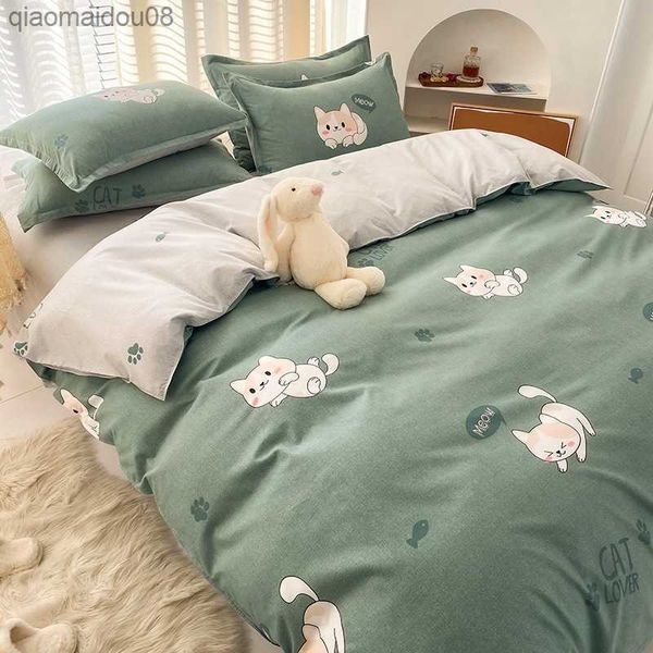 Conjunto de cama nórdico simples conjunto de edredom de penas adulto lençol cama de casal capa grande capa de edredom king size desenho animado quatro peças para crianças L230704