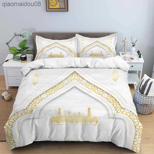 Conjuntos de cama Kawaii de oração muçulmana Novos conjuntos de capa de edredom chave grega Meander Lençóis de cama queen king size colcha geométrica moderna L230704