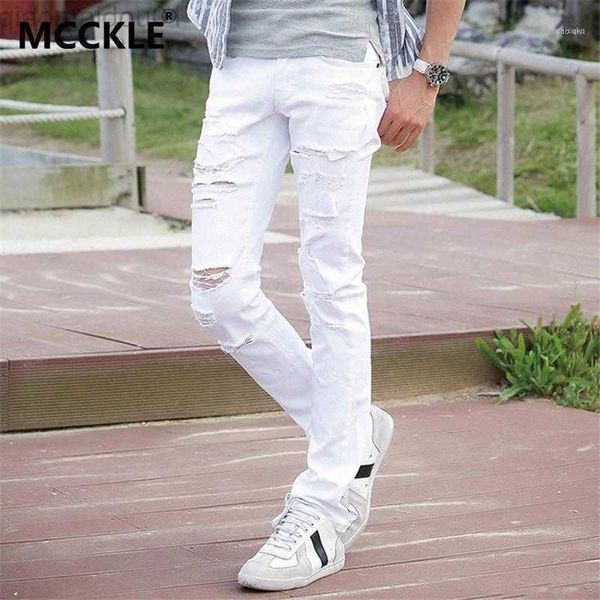 Jeans masculino Jeans masculino vendido branco rasgado com buracos Super magro Marca de designer famoso Ajuste fino Destroyed Calça jeans rasgada para homem AY9911 L230725