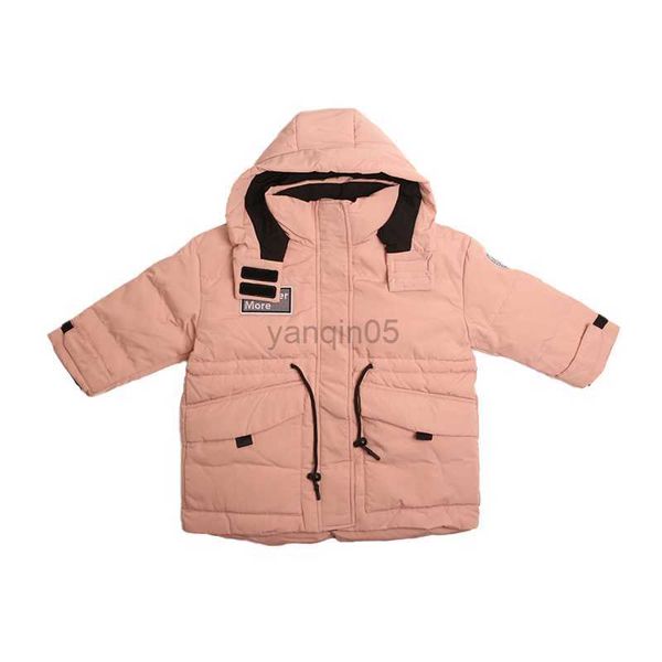 Piumino moda neonata vestiti con cappuccio bambino bambini addensare caldo cappotto lungo ragazzo inverno neve piumino HKD230725