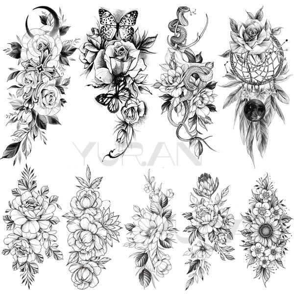 Grandi tatuaggi temporanei Flora per le donne Ragazze Farfalla Serpente Girasole Acchiappasogni Piuma Falso Tatuaggio Adesivo Braccio Corpo Tatoo
