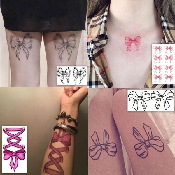 Dunkle Linie Schmetterling Cartoon Tattoo Aufkleber Niedliche Schleife Sexy Tattoos für Frauen Fake Arm Schulter Oberschenkel Körperkunst Temporäre Tattoos