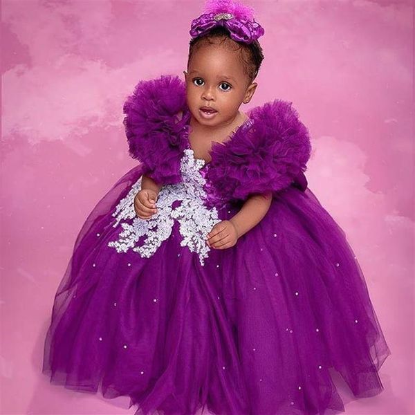 2021 violet dentelle cristaux fleur fille robes robe de bal Tulle élégant petit enfants anniversaire Pageant mariage robes266U