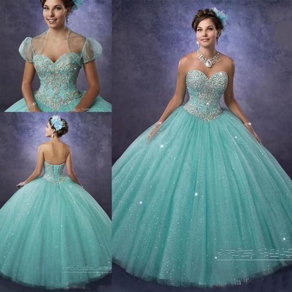 15 Jahre Quinceanera-Kleider mit Bolero und herzförmigem Ausschnitt 2019 Günstige Prinzessin Aqua-Abschlussballkleider Tüll nach Maß Mad236a