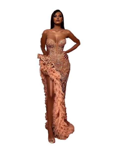 Aso Ebi Champagne Rulush Romaid Promply Sparkly Beadred Ruffles High Slit Sweetheart Arabic Evening From