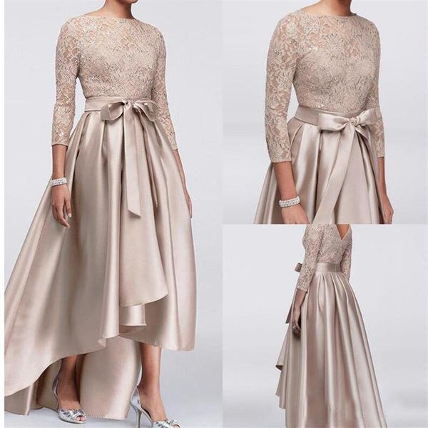 Chic Champagne E-line Alto Baixo Vestidos Mãe Da Noiva Lantejoulas Renda Top Manga Longa Vestidos Roupas Noturnas Casamento Barato Guest209F